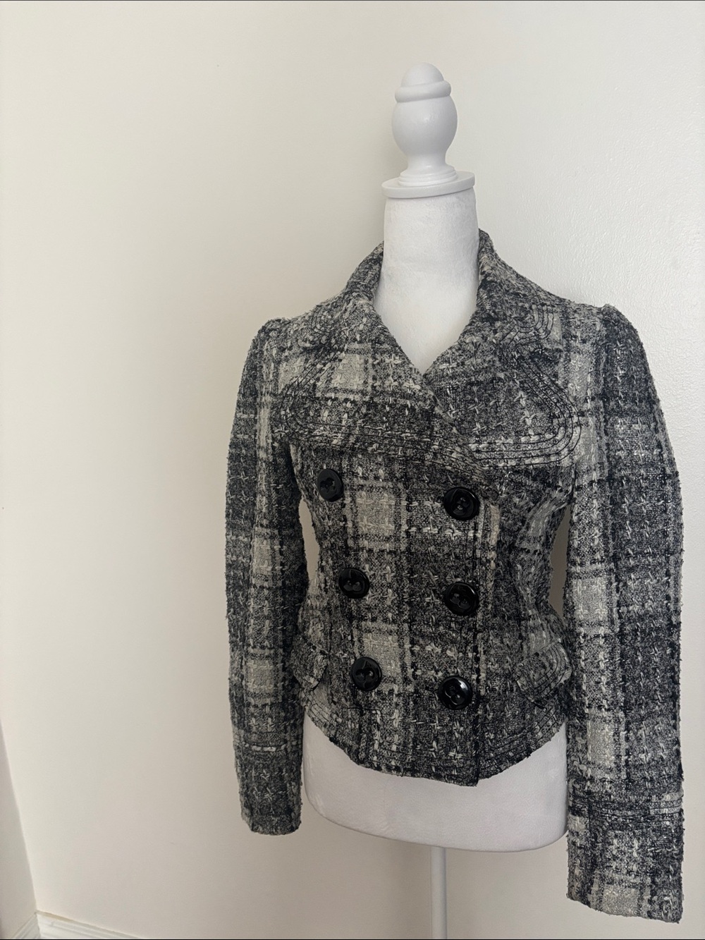 XOXO Black and Gray Plaid Double-Breasted Blazer with chunky black buttons